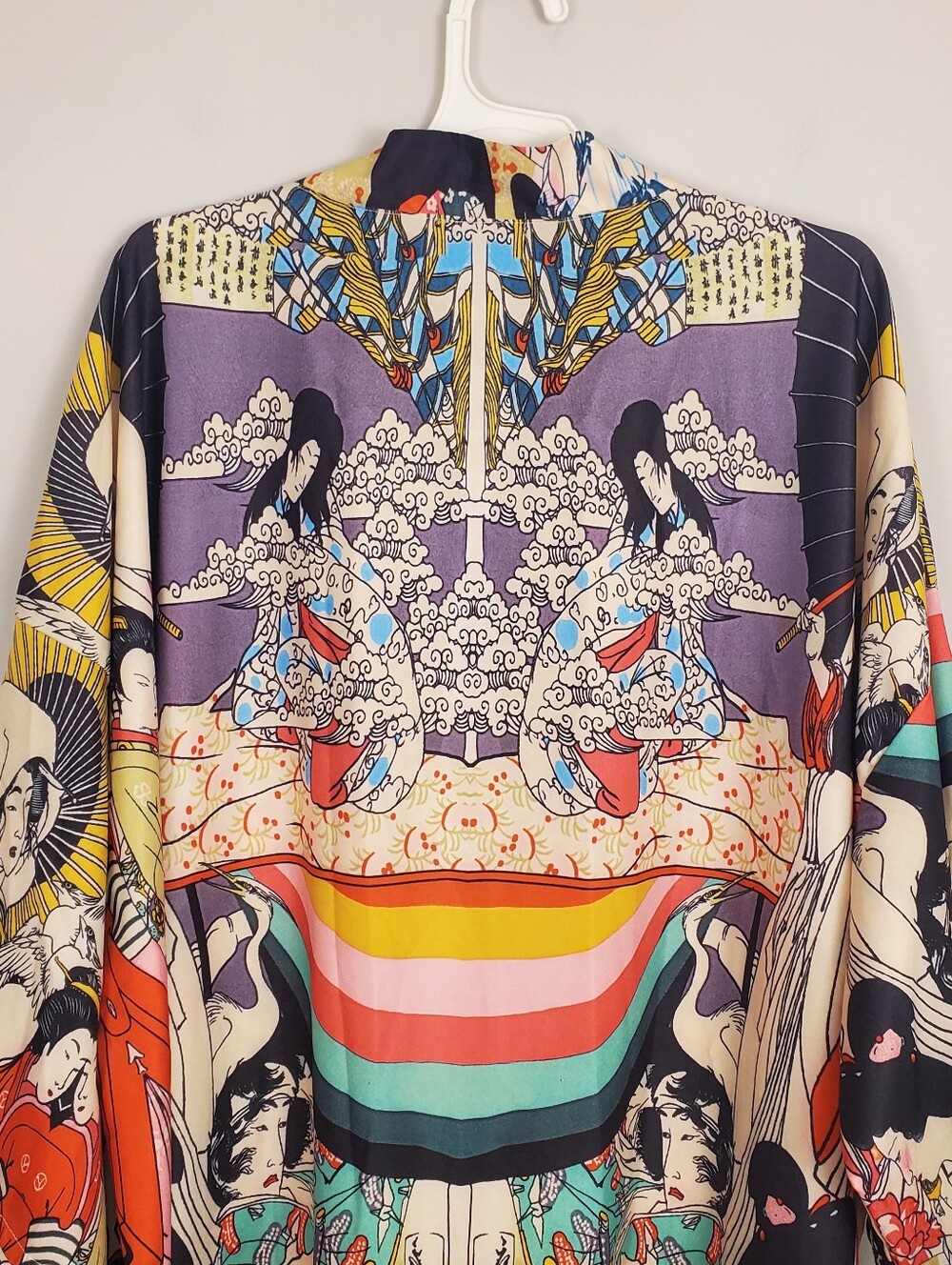 Micas Japanese Multicolor Print Kimono Robe Jacket Satin Boho Duster Size M - Picture 15 of 15